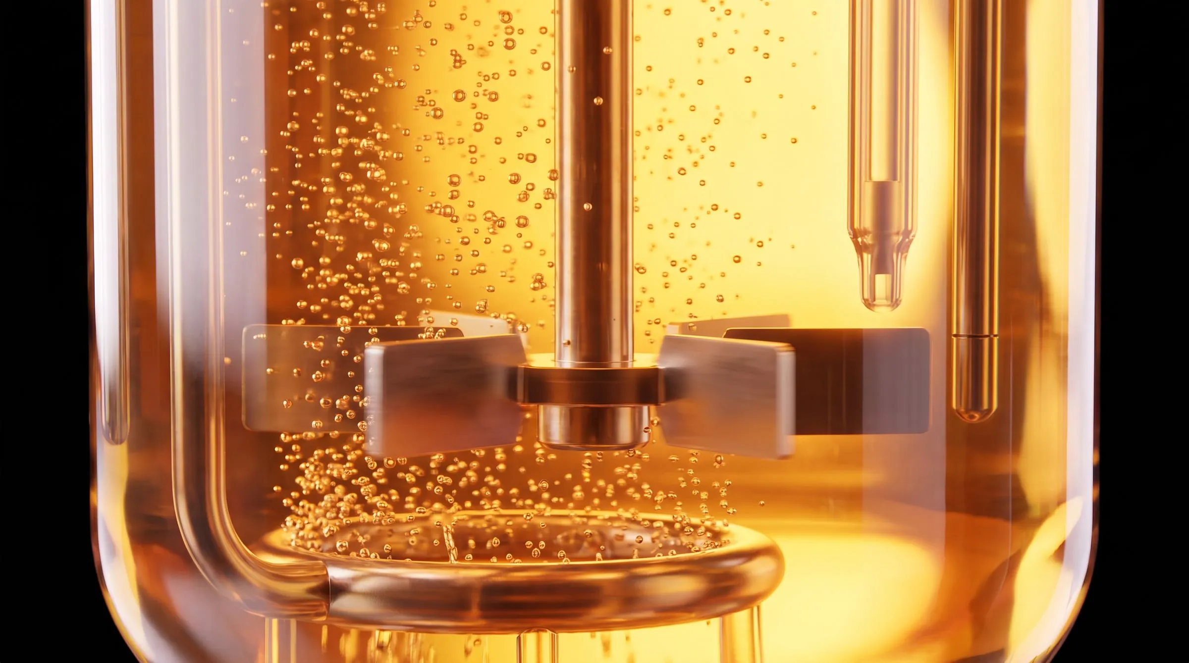 Inside the vessel: amber broth, fine bubbles and impellers on the shaft