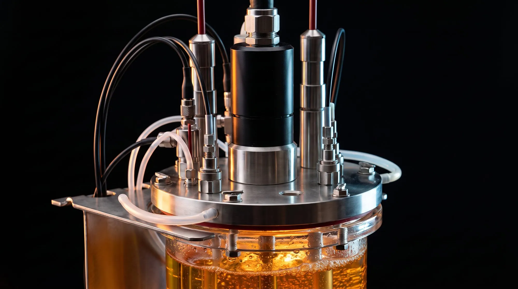 Close-up of the stainless headplate: probes, feed lines and the motor cable entering the top of the drive