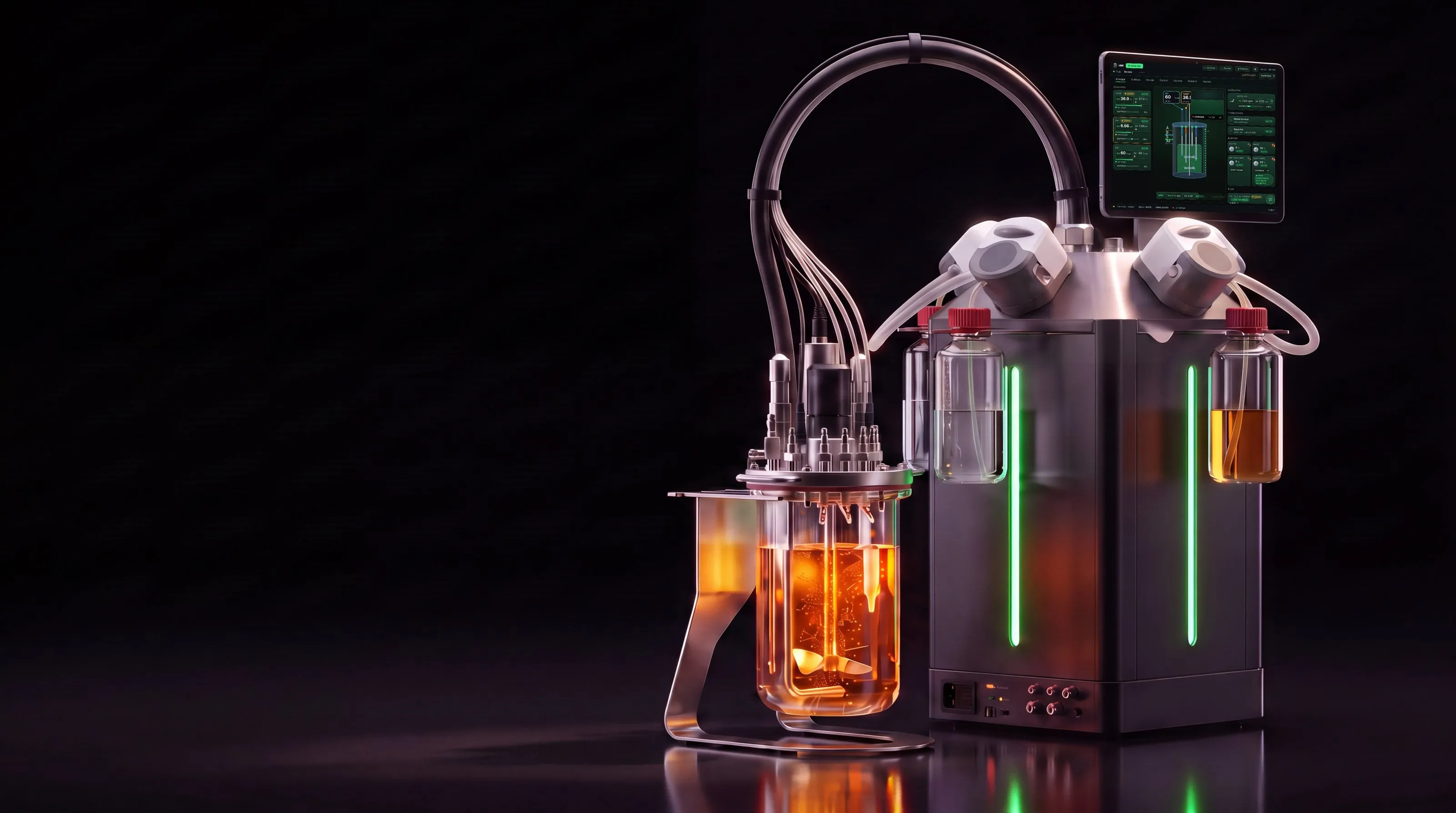 Telurin benchtop bioreactor: graphite control tower with green light strips and a screen, connected by a cable arc to a glass vessel full of amber broth